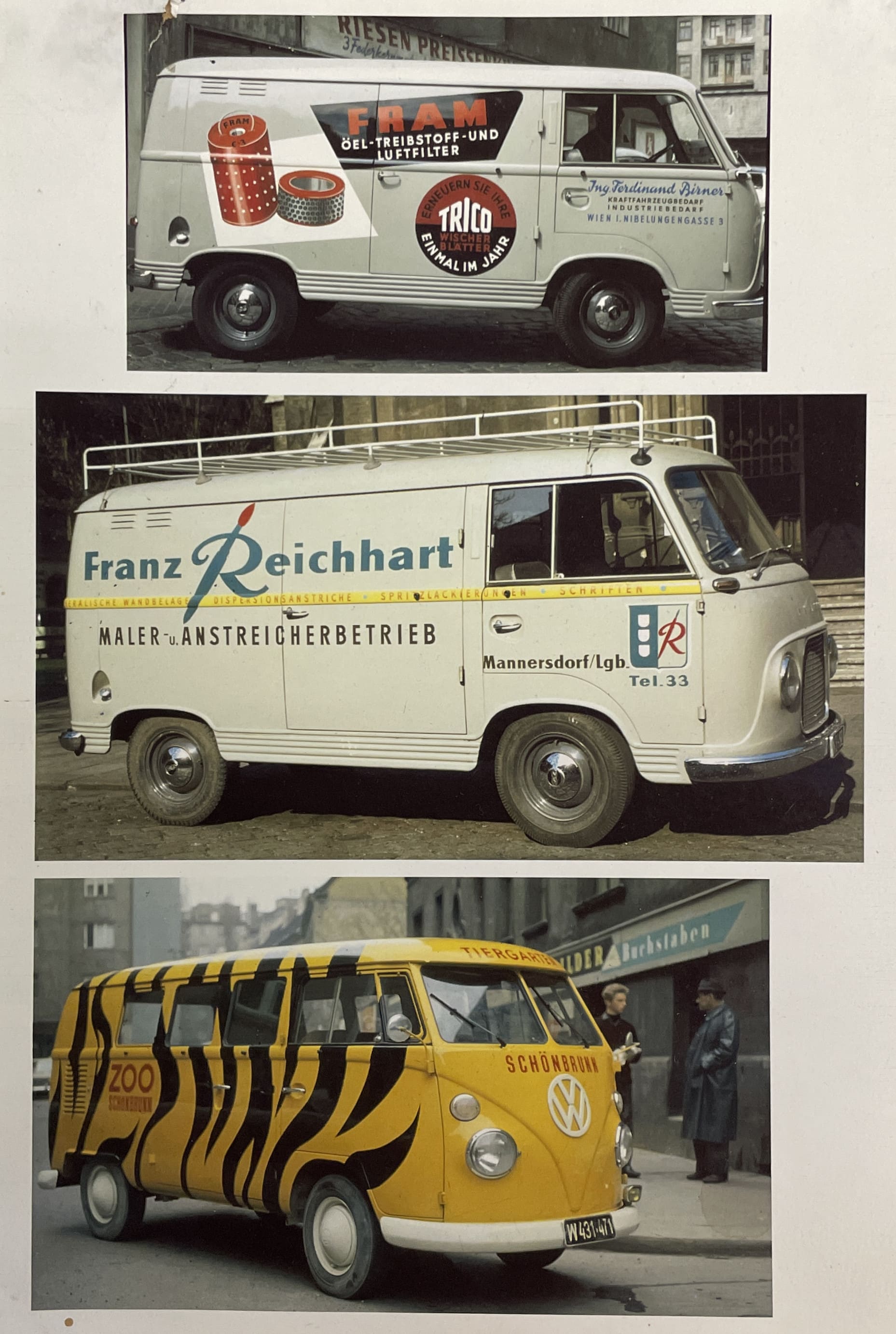 drei Fotos von altmodischen Lieferwagen mit Bemalung, ganz oben eine Werbung für „FRAM ÖEL-TREIBSTOFF- UND LUFTFILTER“, mittig „Franz Reichhart MALER- u. ANSTREICHERBETRIEB“ (aus dem R von Reichhart ragt oben eine Pinselspitze heraus), unten eine Werbung für den Zoo Schönbrunn, der Lieferwagen ist in einem Tigermuster bemalt